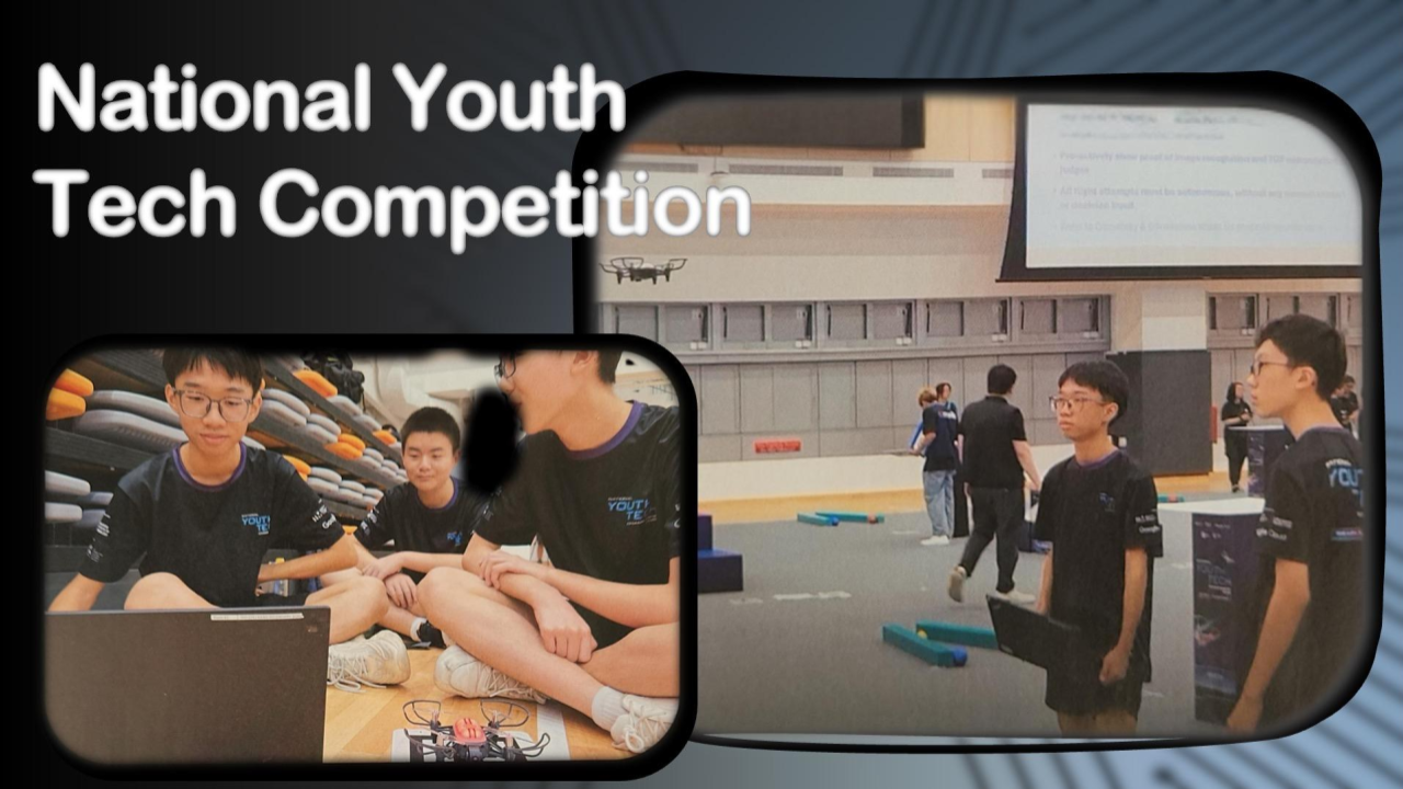 Photo collage of students participating in drone flight and programming at the National Youth Tech Competition.